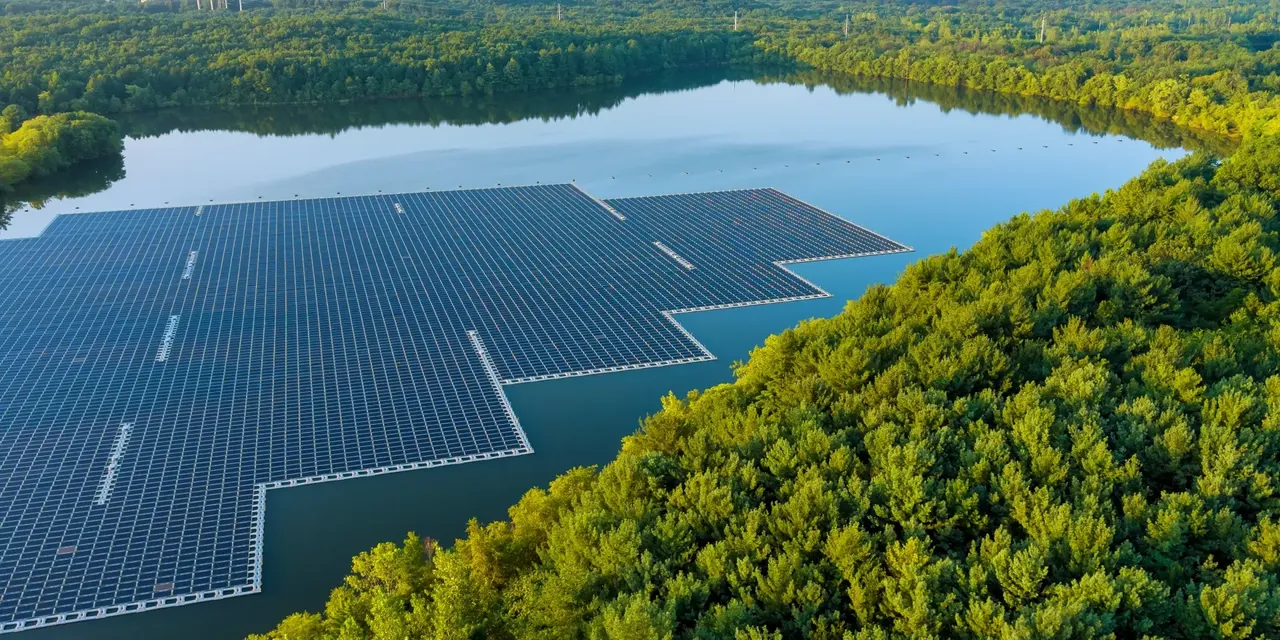 Photovoltaikanlage auf einem Gewässer in einem Waldstück