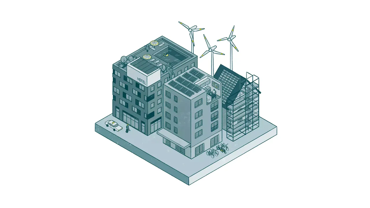 Zu sehen ist eine Illustration mit schematischer Darstellung eines Stadtviertel mit Hotel, das sich mit Strom aus Windraeder speist