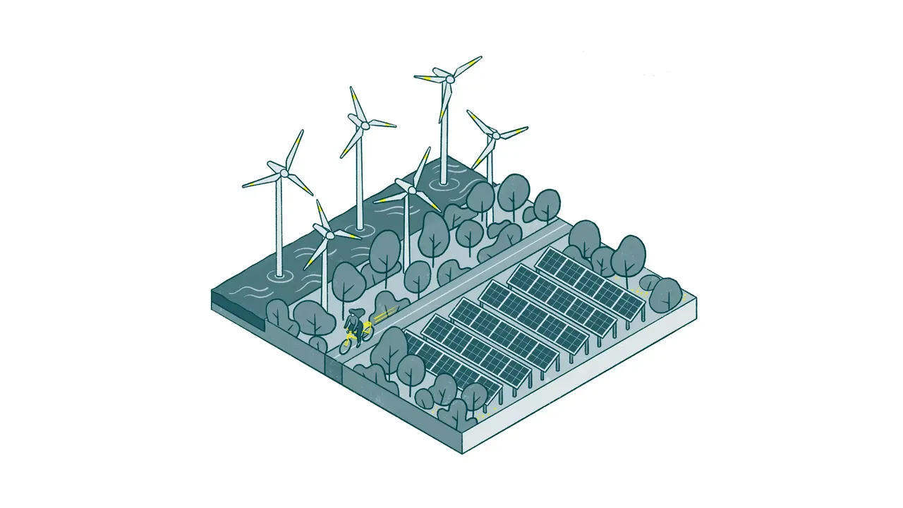 Zu sehen ist eine Illustration mit schematischer Darstellung eines Solarfelds, neben einer Offshore Windanlage und einem Feldweg mit Fahrradfahrerin