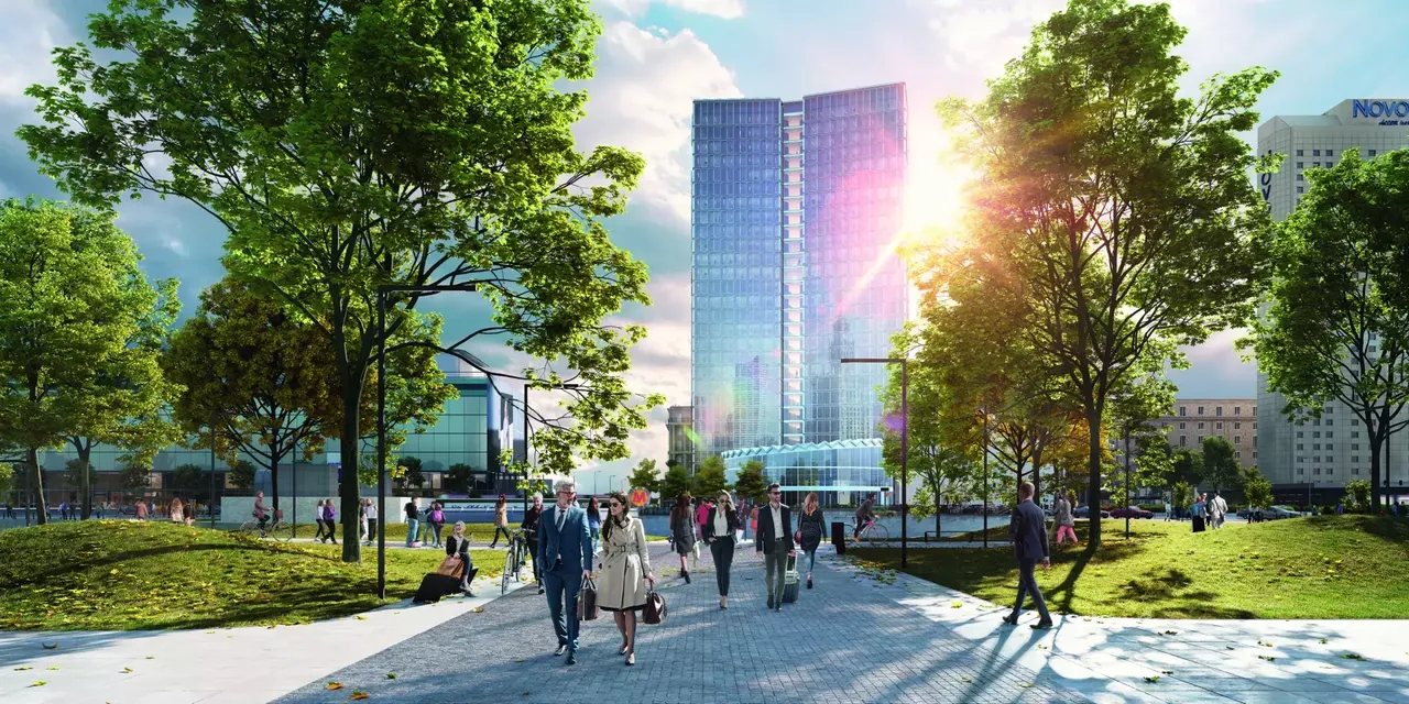 Es wird der Außenbereich und die Außenfassade der hausInvest Immobilie Widok Towers in Warschau abgebildet