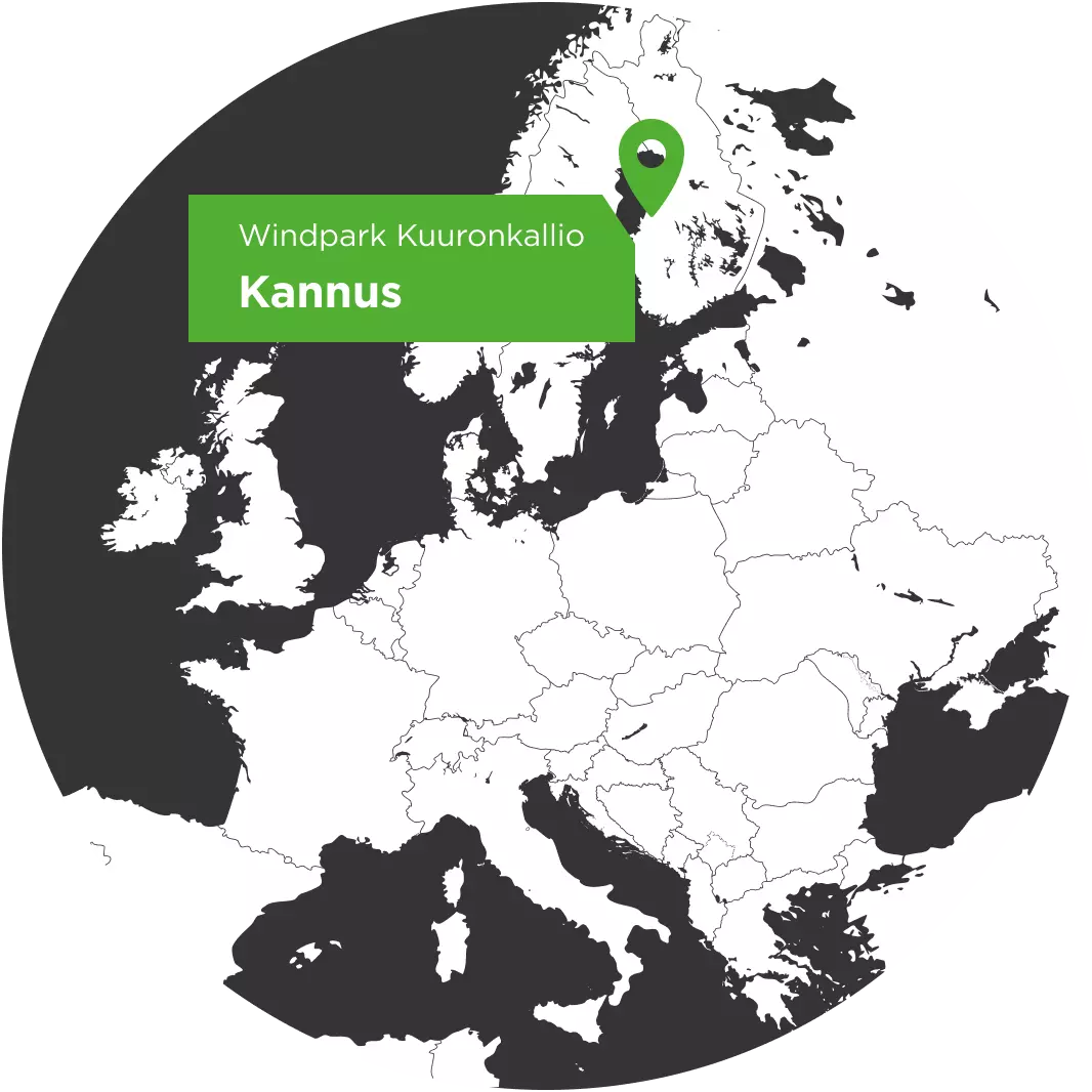 Europakarte mit dem Standortpfeil für den Windpark Kuuronkallio