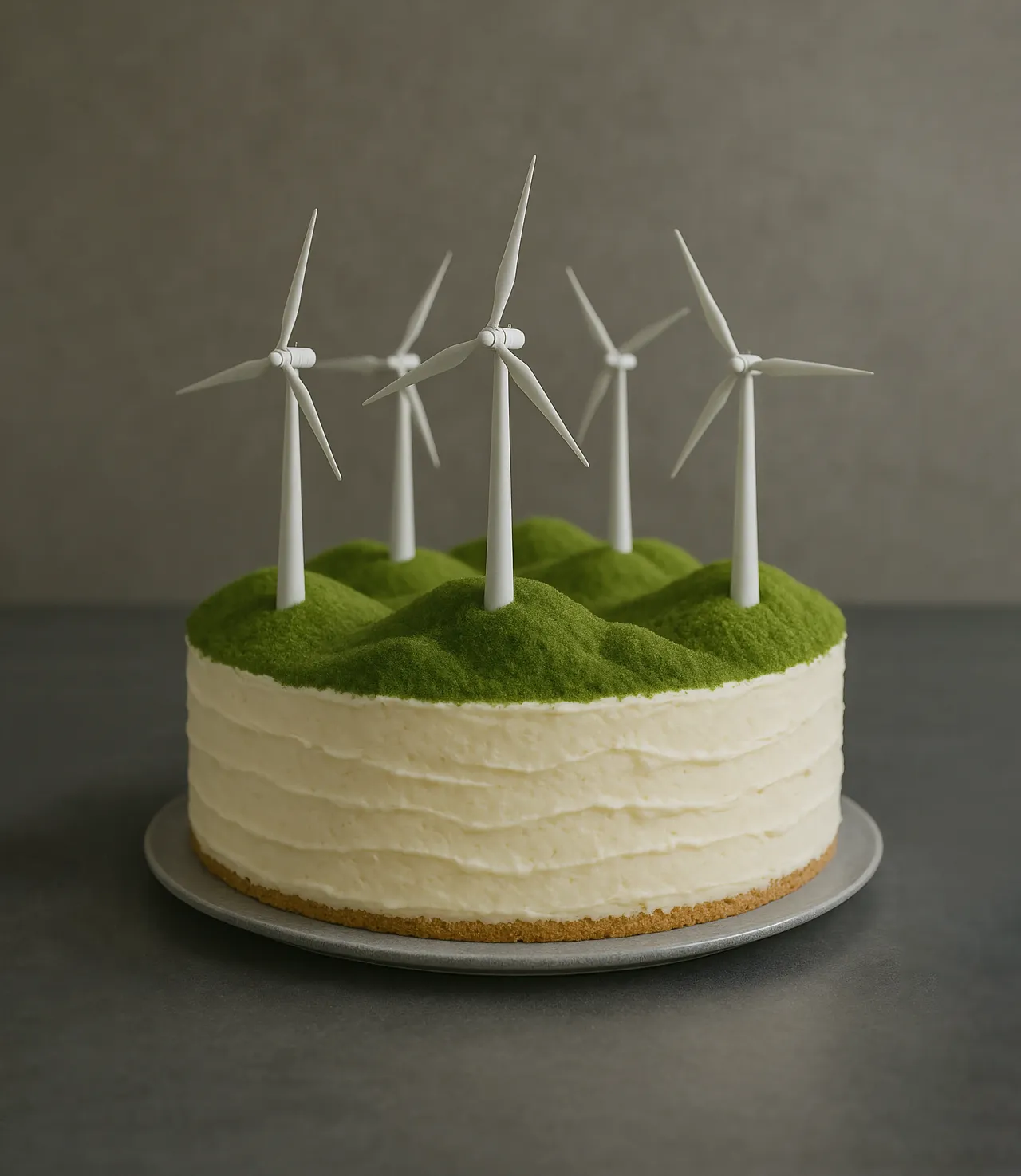 Es wird anlässlich des fünfjährigen klimaVest Geburtstages eine Torte dargestellt, auf der fünf eingesteckte Windräder dargestellt sind.