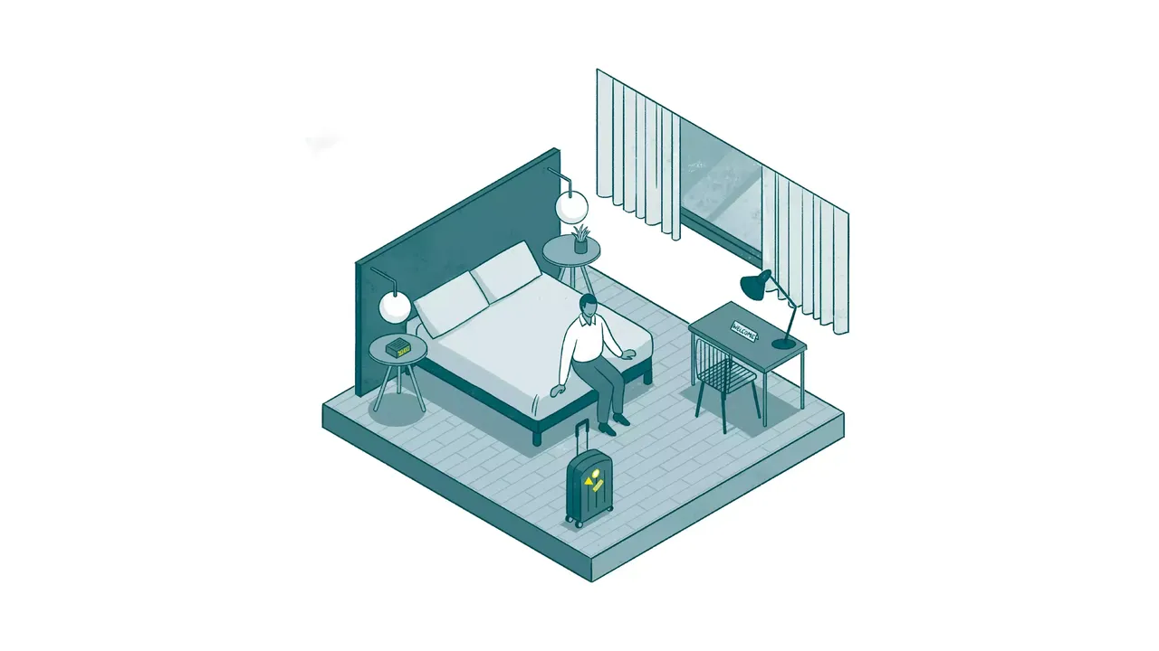 Zu sehen ist eine Illustration mit schematischer Darstellung eines Hotelzimmers mit einem gast sitzend auf dem Bett