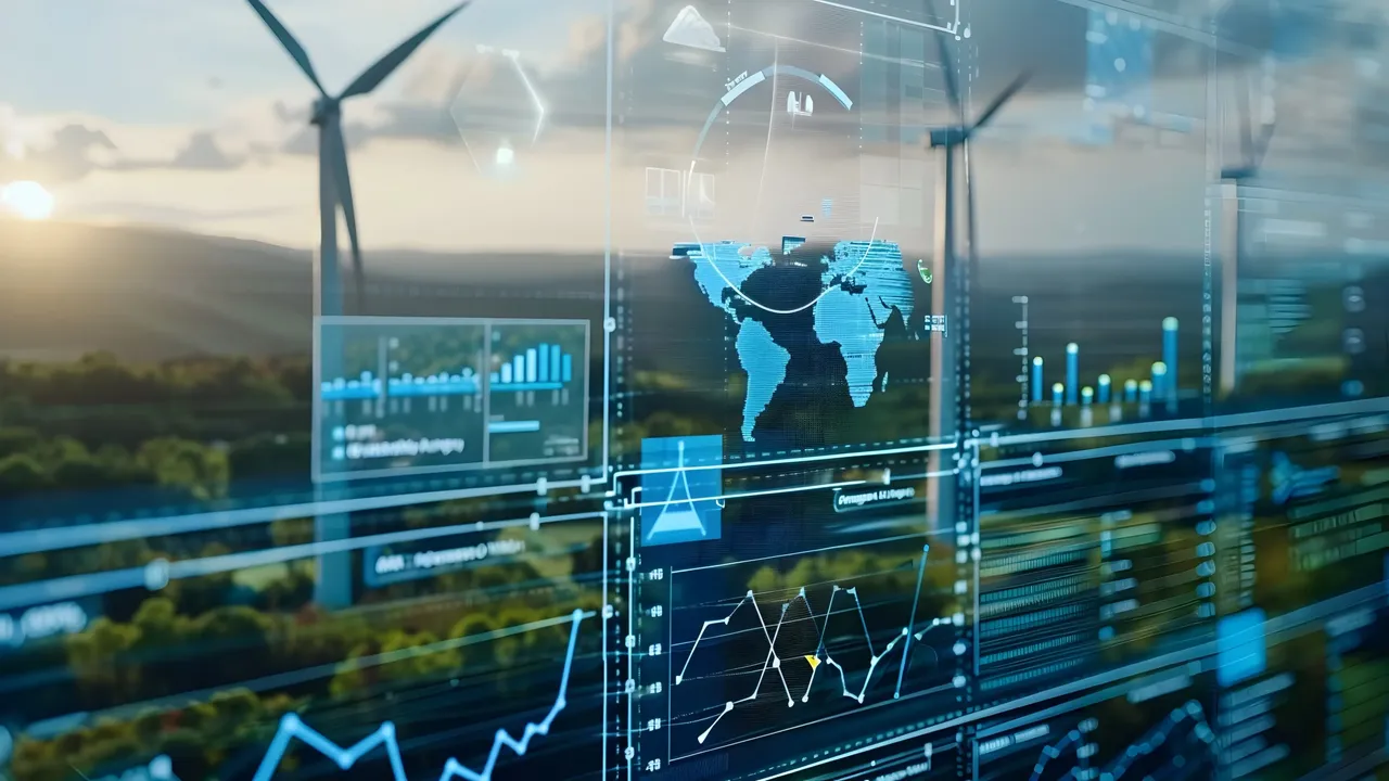 Darstellung Daten der Energiewende: Virtueller Bildschirm auf einer Landschaftsansicht von Windkraftanlagen