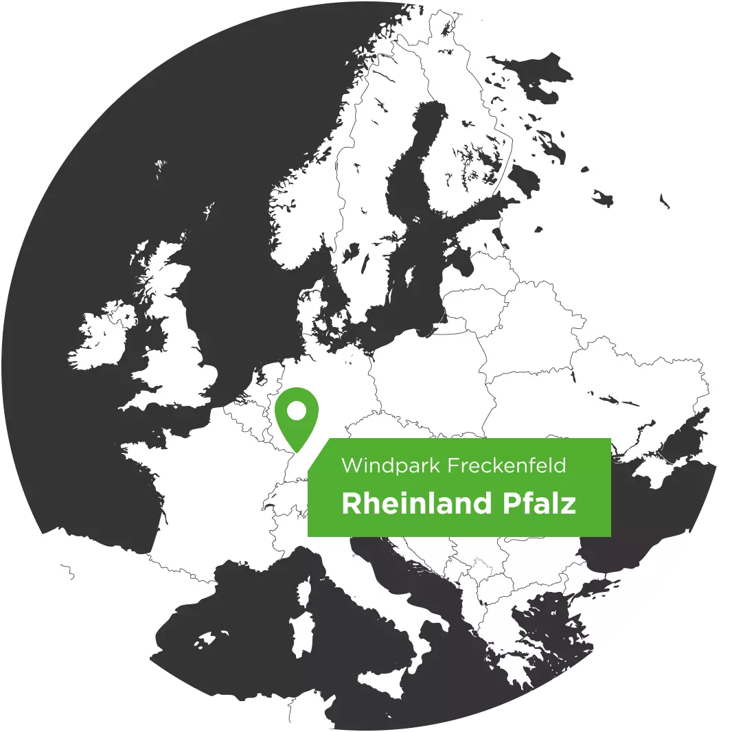 Europakarte mit dem Standortpfeil für den Windpark Freckenfeld