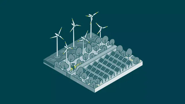 Zu sehen ist eine Illustration mit schematischer Darstellung eines Solarfelds, neben einer Offshore Windanlage und einem Feldweg mit Fahrradfahrerin