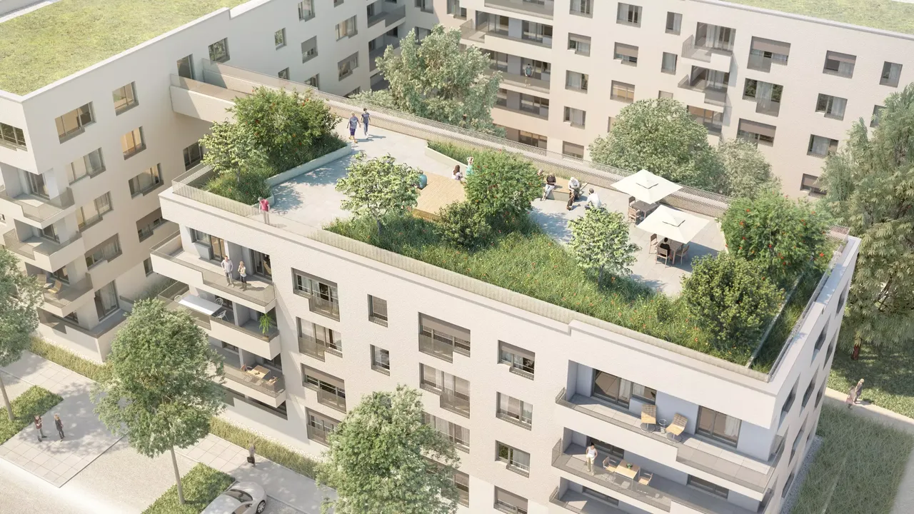 Außenansicht: Es wird der Dachgarten der hausInvest Immobilie Diamaltpark in München abgebildet
