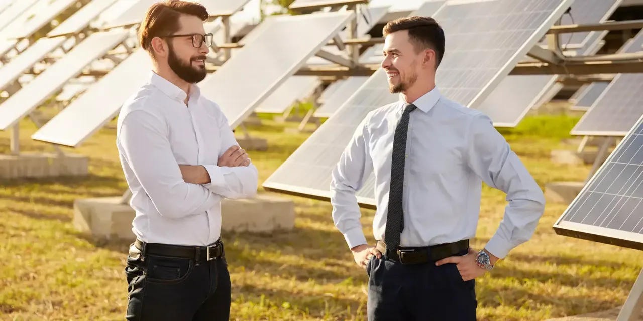 klimaVest: zwei Männer im Anzug stehen in einem Solarpark und unterhalten sich.