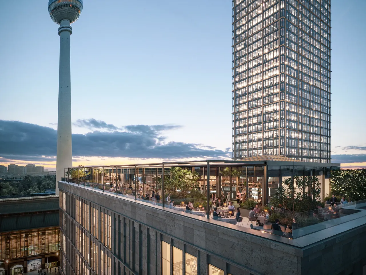 Es wird die Dachterasse der hausInvest Immobilie Mynd am Alexanderplatz in Berlin dargestellt.