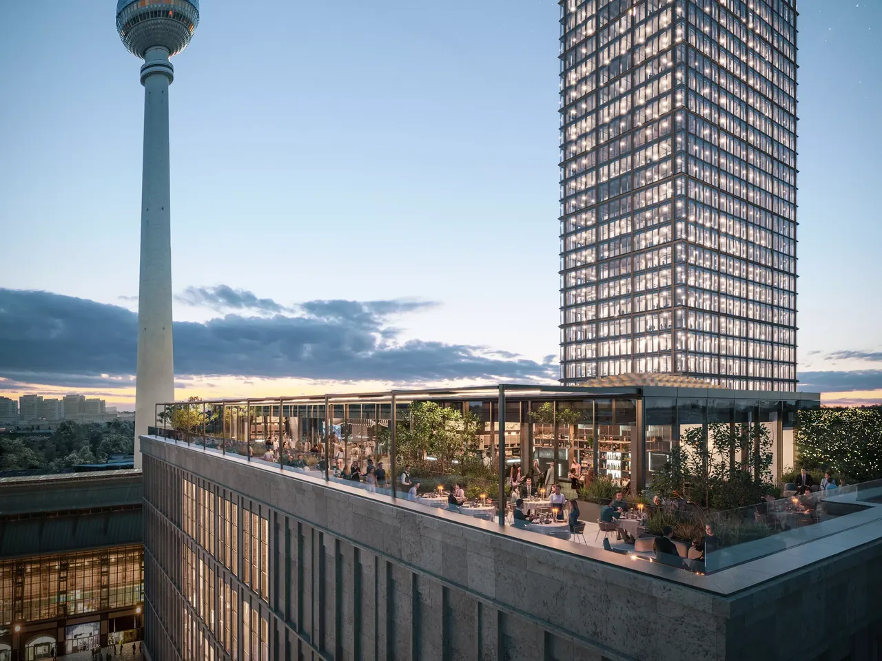 Es wird die Dachterasse der hausInvest Immobilie Mynd am Alexanderplatz in Berlin dargestellt.