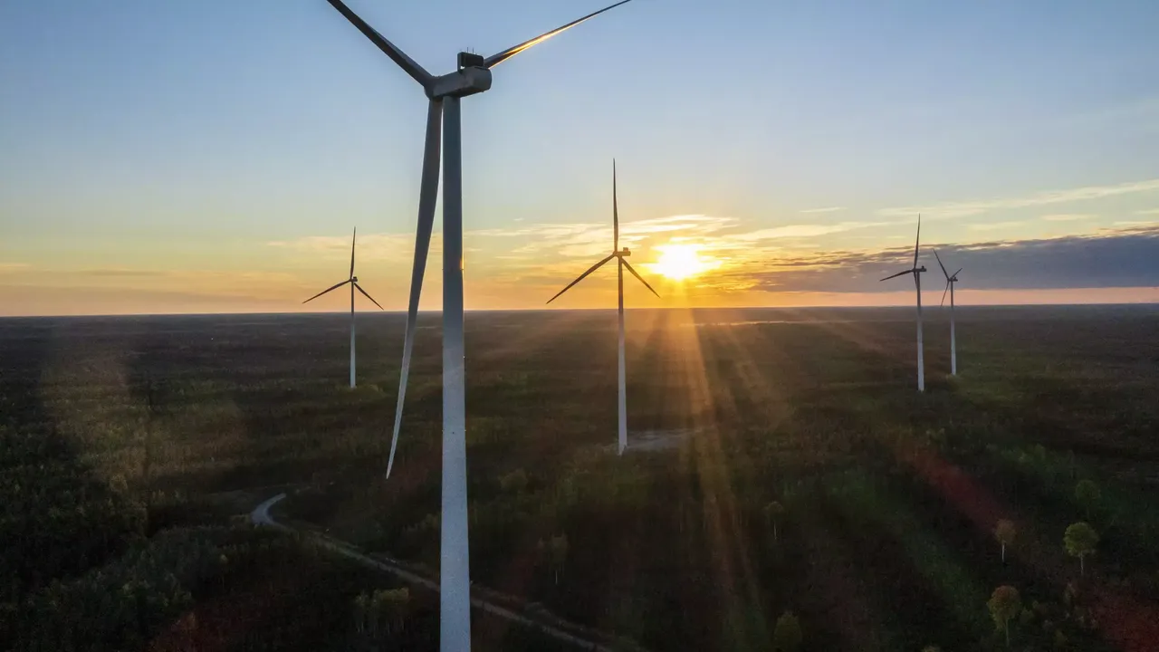 klimaVest: Luftaufnahme des Windparks Kuuronkallio im Sonnenlicht