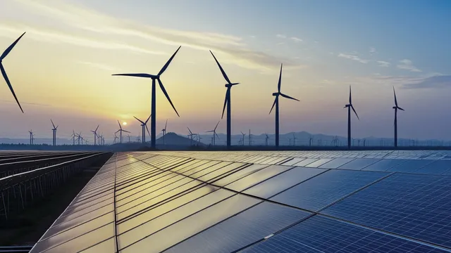 Panorama Blick auf eine Landschaft mit großer Solaranlage im Vordergrund und Windkraftanlage im Hintergrund