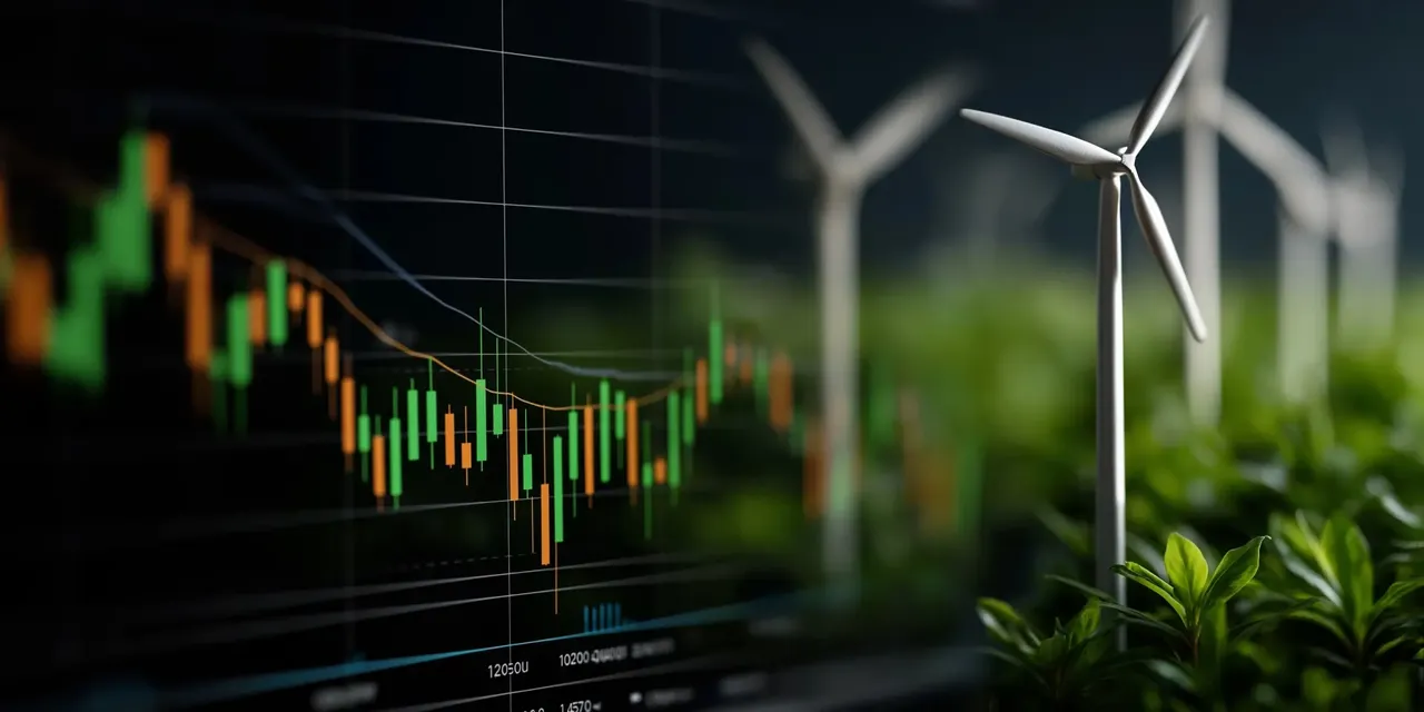 Finanzchart mit grünen und orangefarbenen Kursbalken im Vordergrund, im Hintergrund Windkraftanlagen und grüne Pflanzen – symbolisiert nachhaltige Kapitalanlage.