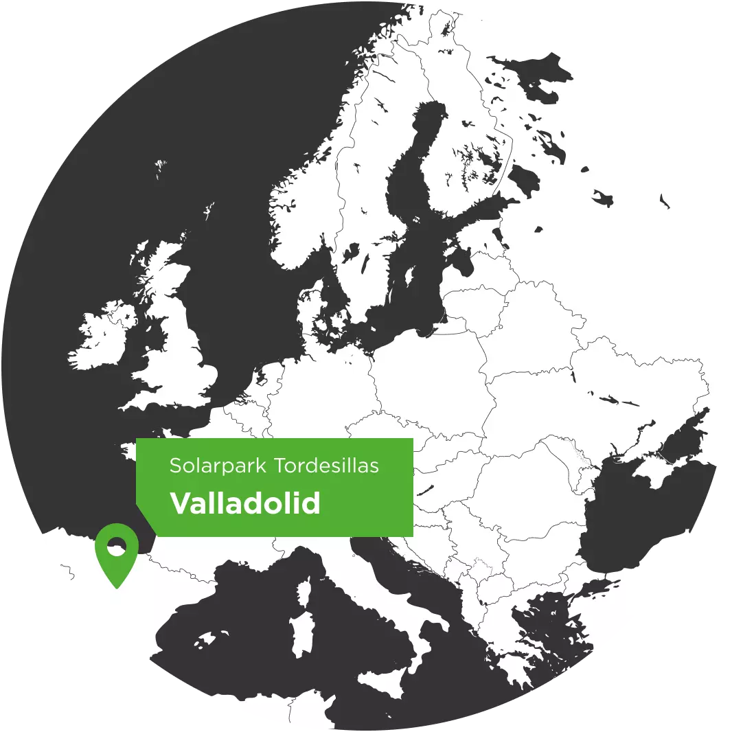 Europakarte mit dem Standortpfeil für den Solarpark Tordesillas