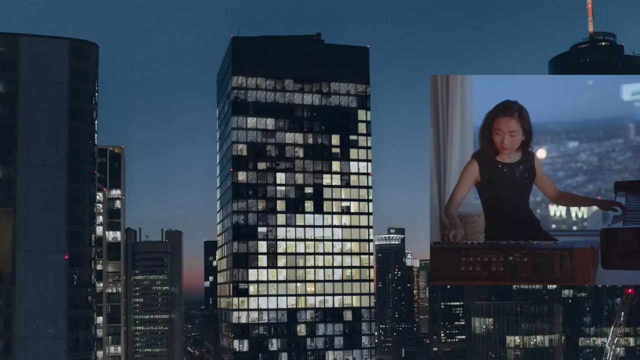 hausInvest Immobilie Omniturm bei Nacht beleuchtet in einer Collage mit einer Nahaufnahme von einem Frau die Klavier spielt