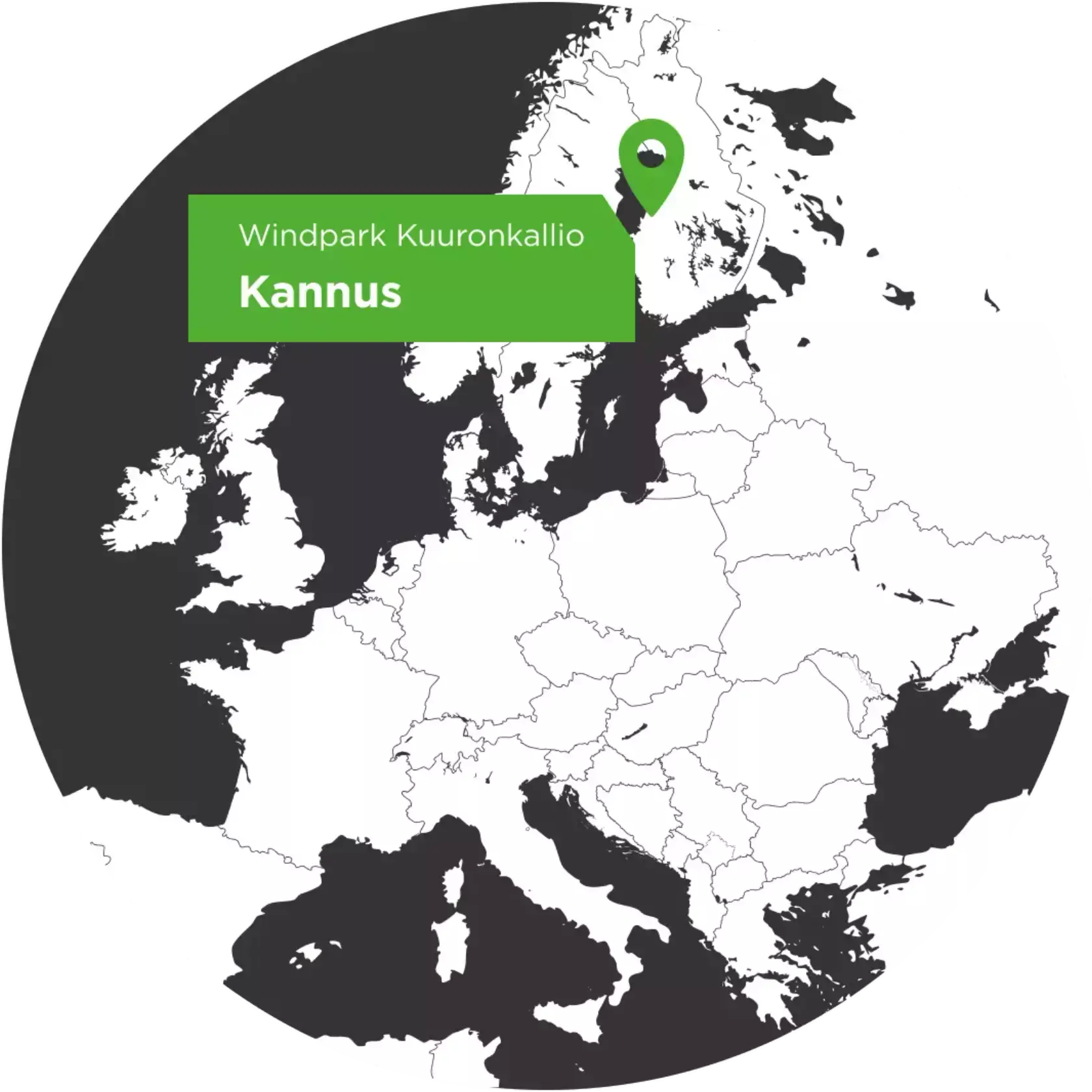 Europakarte mit dem Standortpfeil für den Windpark Kuuronkallio