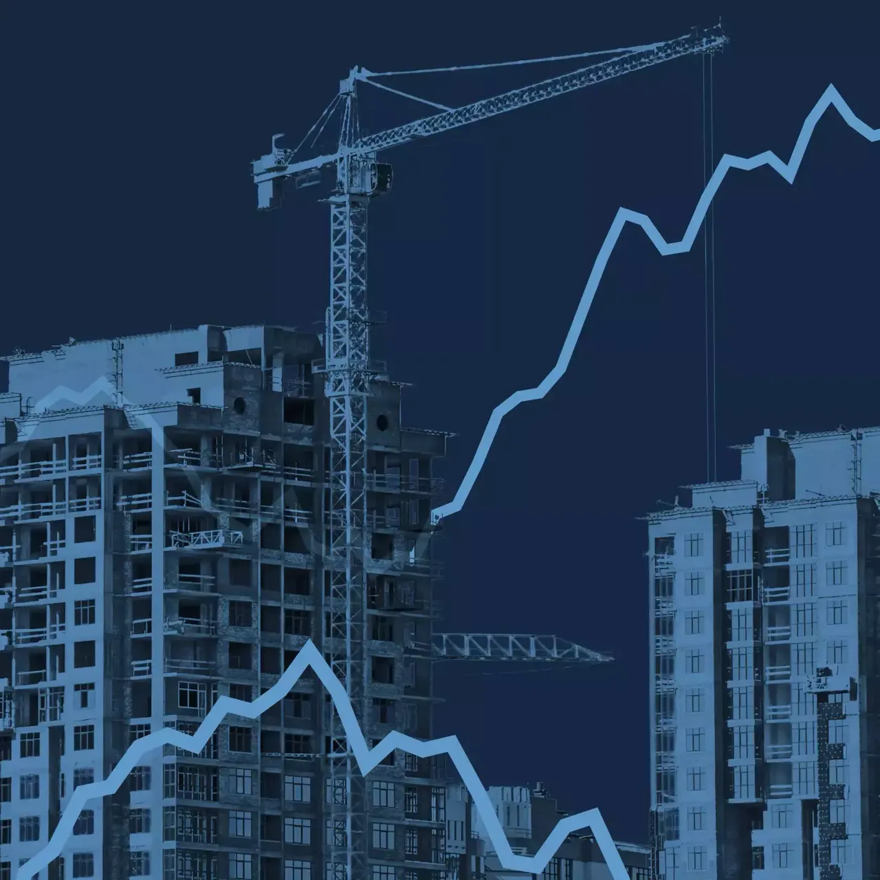 Eine blaue Grafik, die einen Kran bei einem Gebäudebau anzeigt