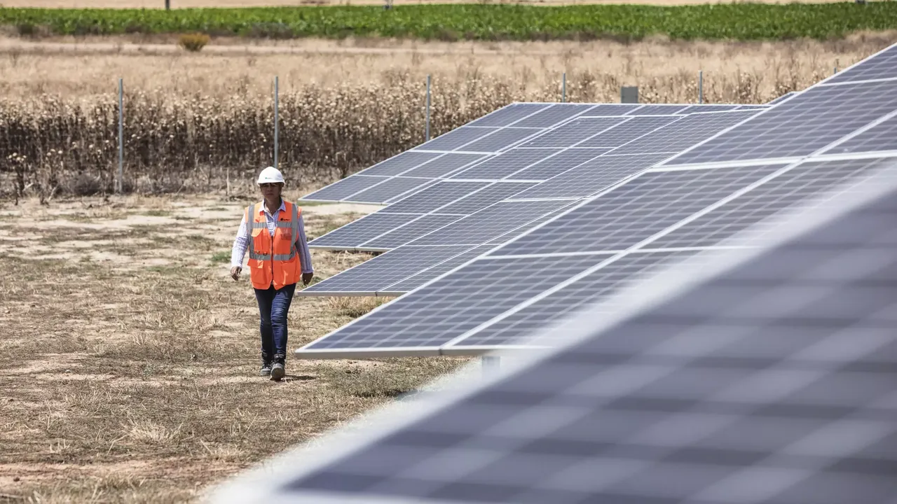 Solarpark mit Mensch