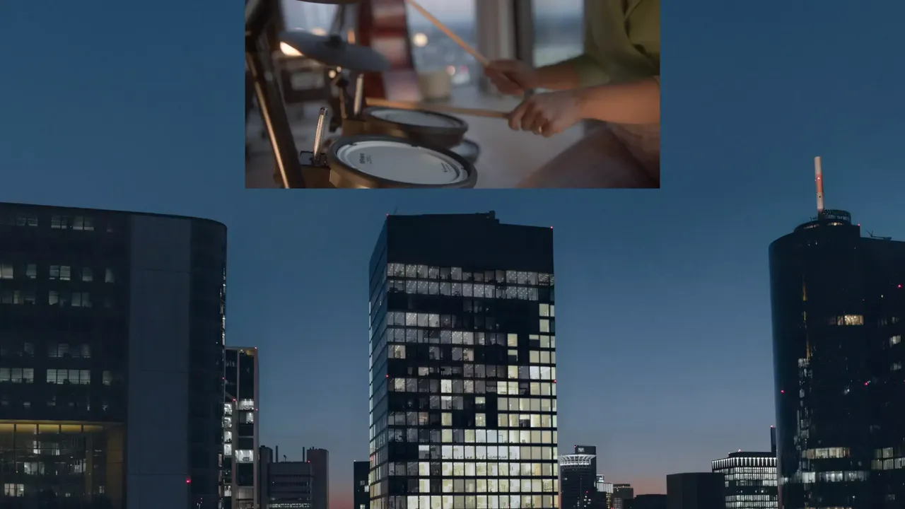 hausInvest Immobilie Omniturm bei Nacht beleuchtet in einer Collage mit einer Nahaufnahme von einem Musiker der Drums spielt