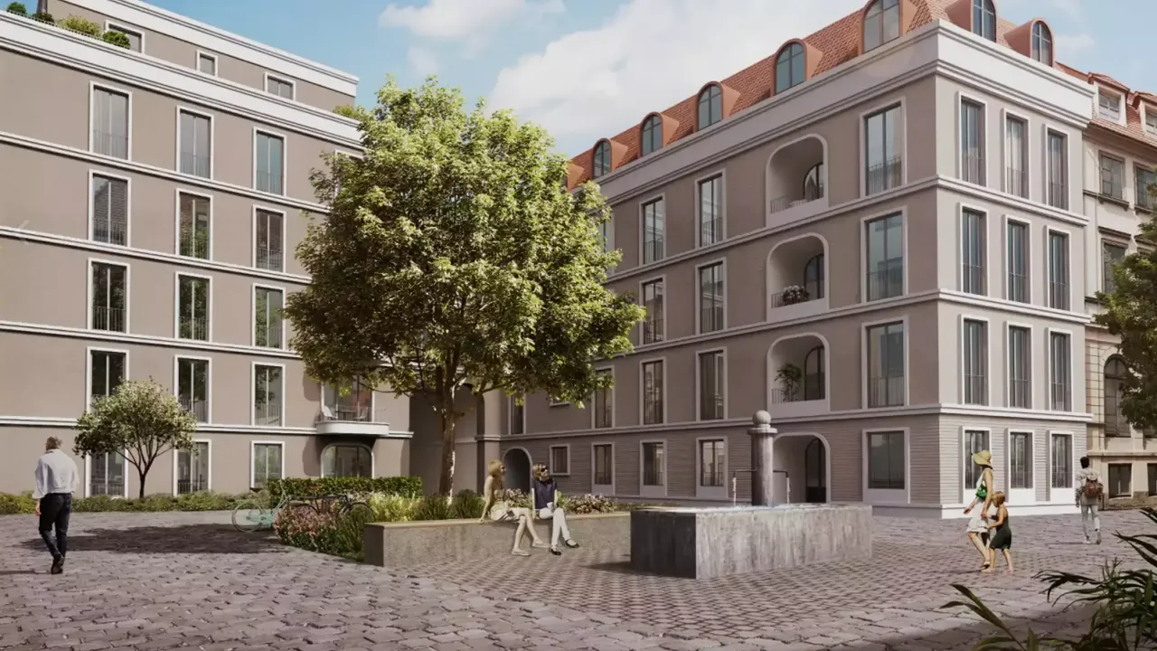 Außenansicht: Es wird die Fassade der hausInvest Immobilie Königshöfe in Dresden abgebildet