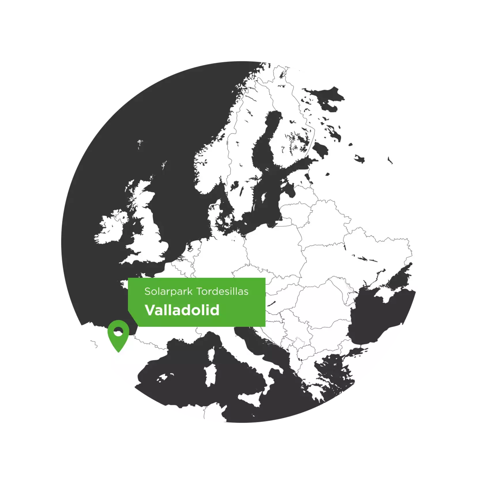 Europakarte mit dem Standortpfeil für den Solarpark Tordesillas