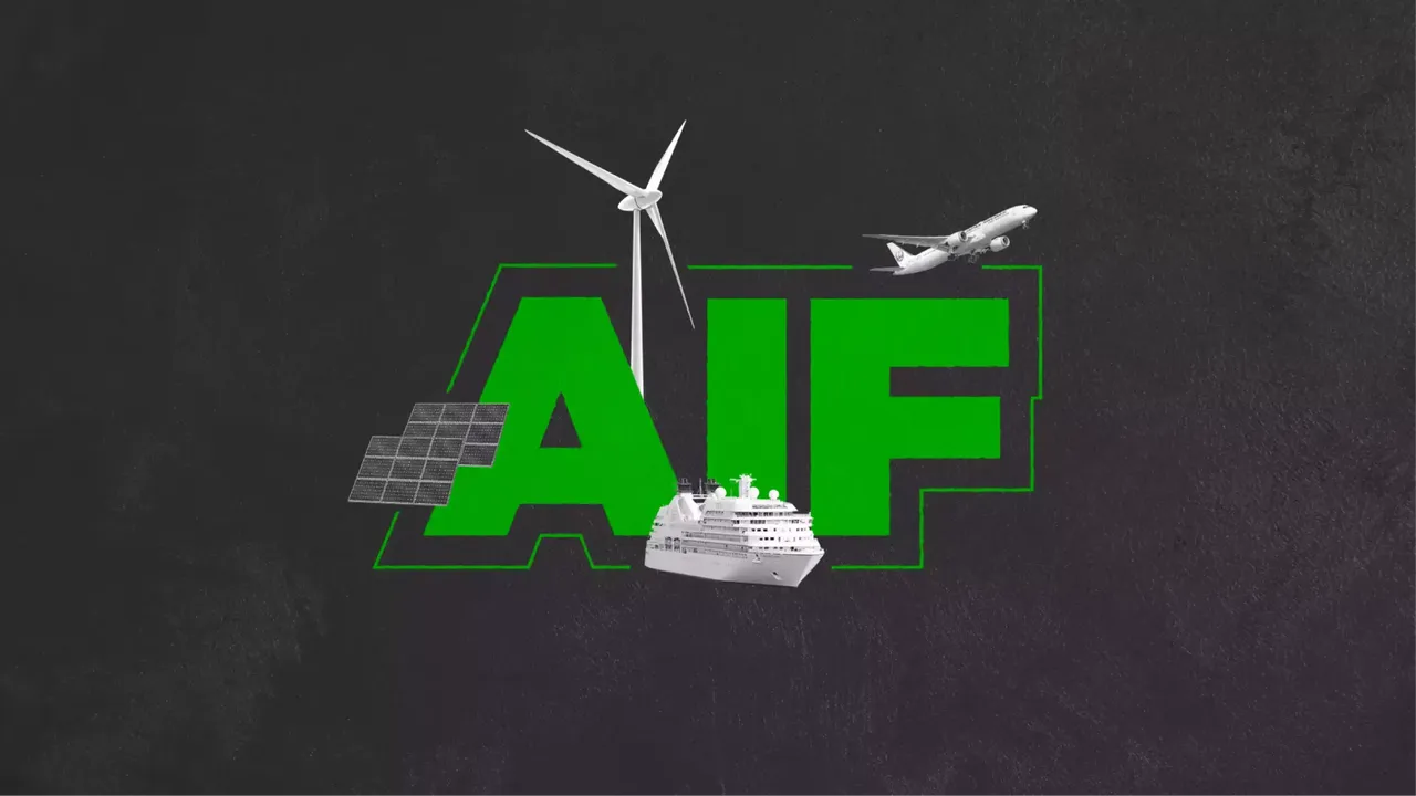 klimaVest: AIF Grafik mit Flugzeug, Windrad, Solarpanel und Schiff