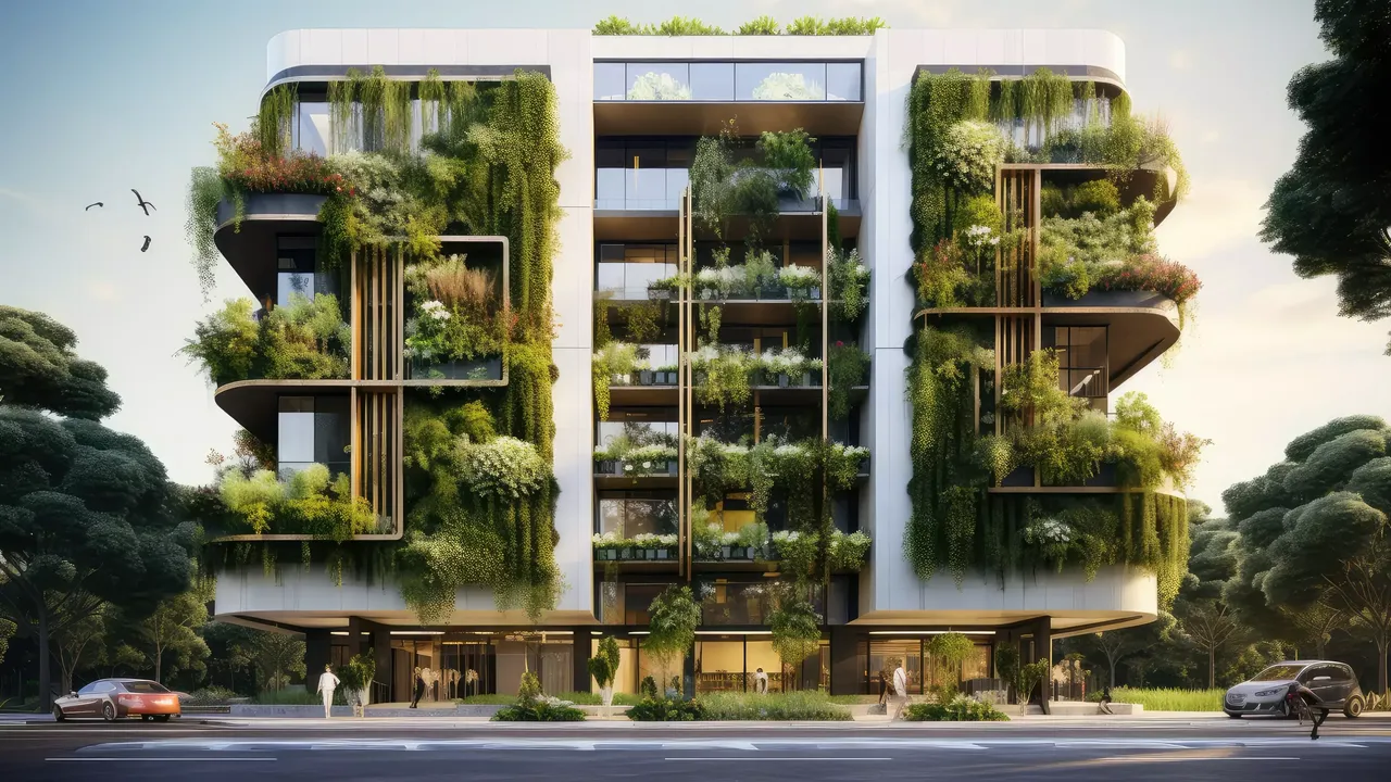 Es wird ein Green Building mit Fassadenbegrünung dargestellt.