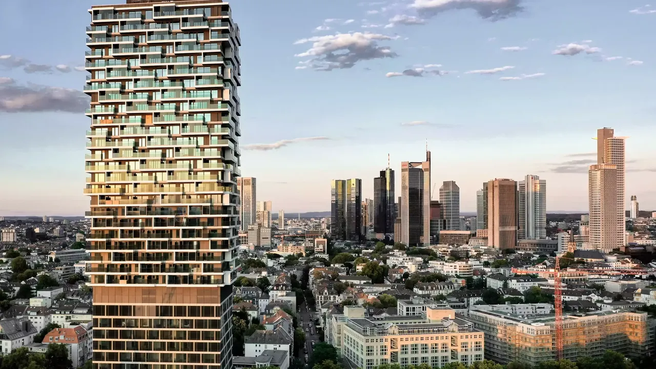 Außenansicht: Es wird die Fassade der hausInvest Immobilie One Forty West in Frankfurt am Main abgebildet